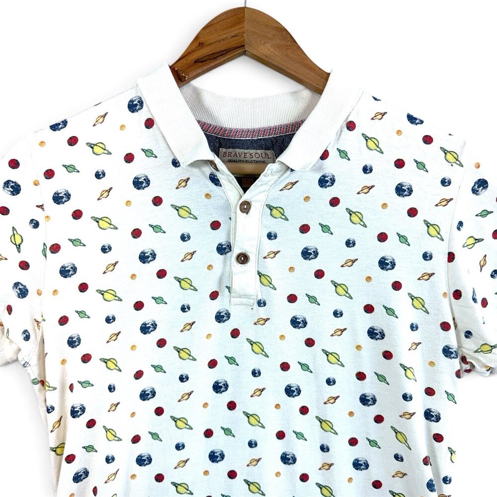 Brave Soul Planets Polo Mens Small Cotton Wood Tone Button Retro Science Fiction